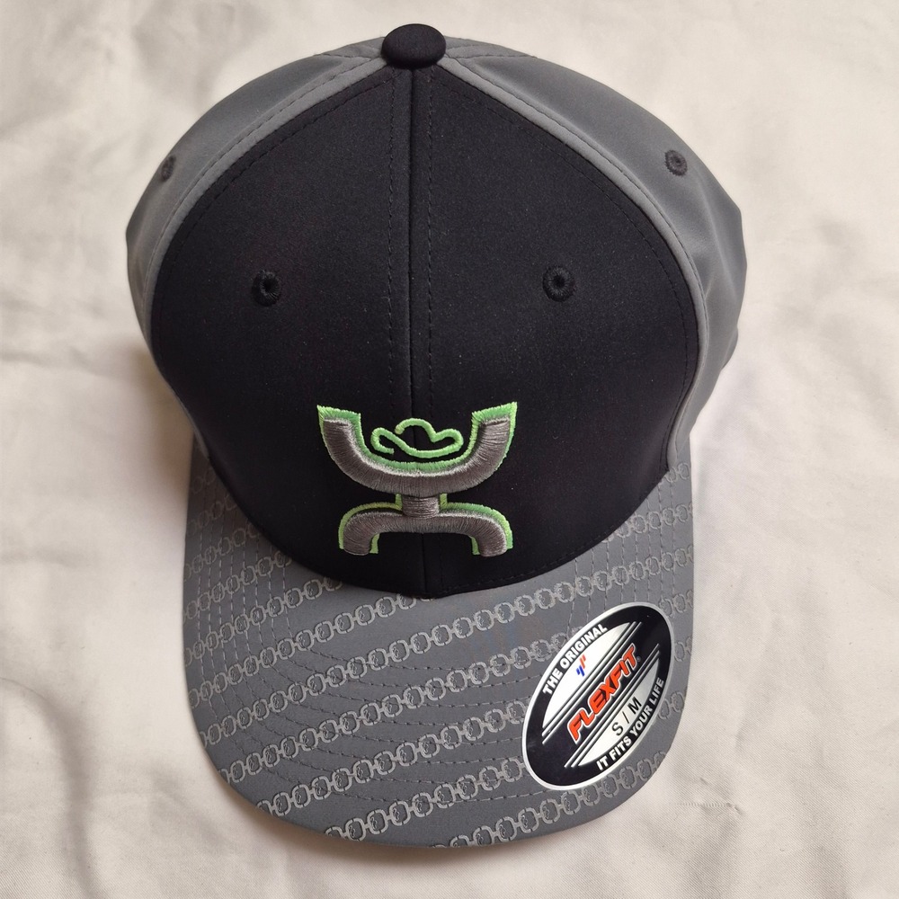 Hooey Solo III Mens Flexfit Hat Black Grey Lime Green Baseball Cap S/M New